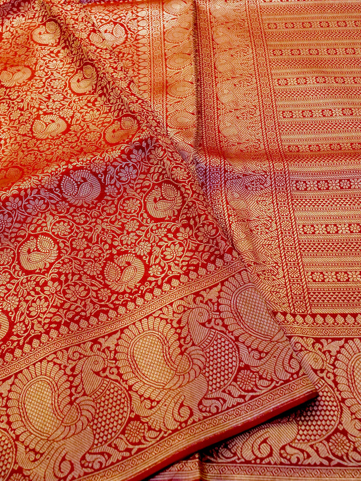 Banarasi Bridal Red Crepe Silk Saree with Zari Weave Bird Motif