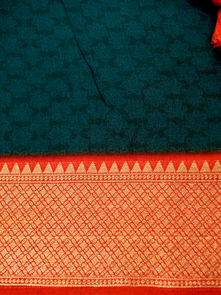 Teal Blue Crepe Silk Saree with Geometric Prints and Regal Zari Weave Accents