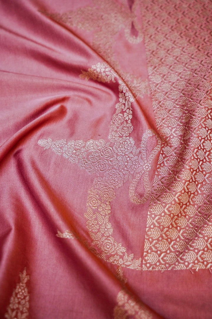 Subtle Glamour in Peach Mashru Silk Saree with Zari Woven Border & Pallu