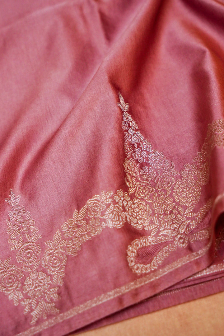 Subtle Glamour in Peach Mashru Silk Saree with Zari Woven Border & Pallu