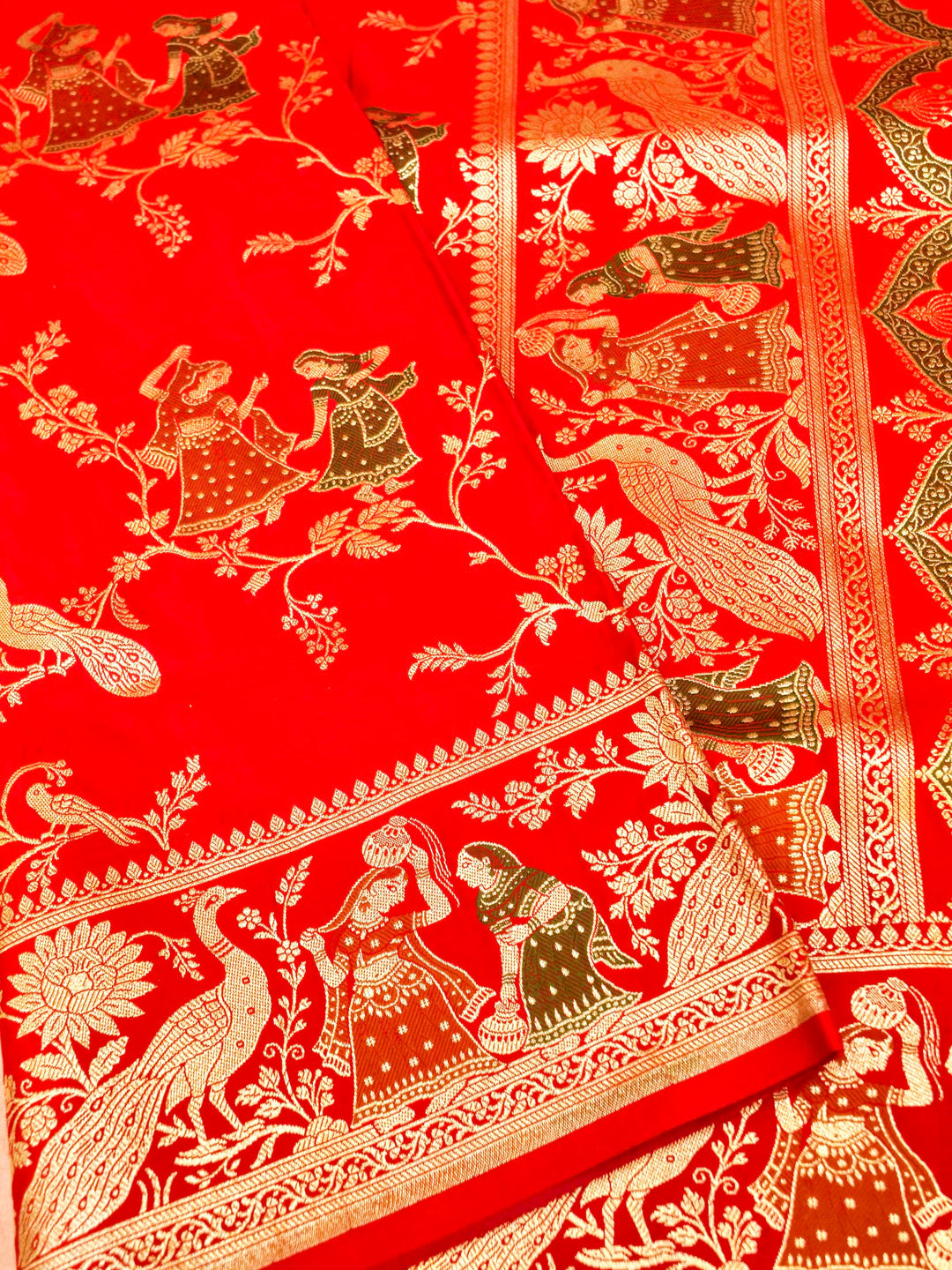 Vermilion Red Banarasi Pure Satin Silk Saree with Heavy Zari Work