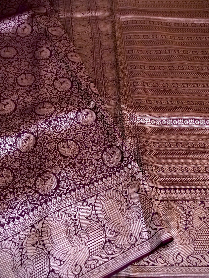 Banarasi Dark Purple Crepe Silk Saree with Zari Weave Bird Motif