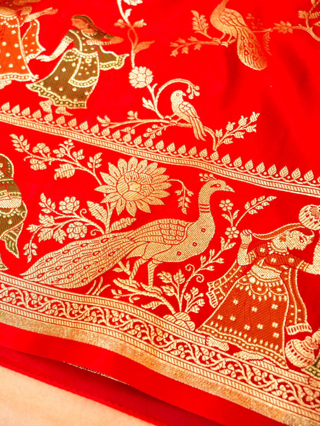 Vermilion Red Banarasi Pure Satin Silk Saree with Heavy Zari Work