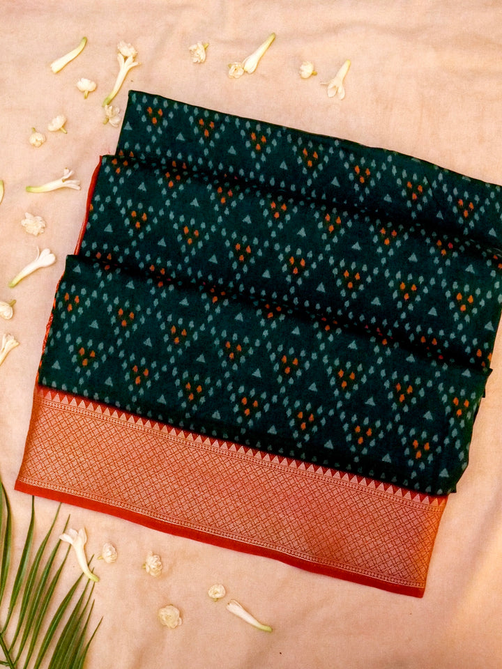 Teal Blue Crepe Silk Saree with Geometric Prints and Regal Zari Weave Accents
