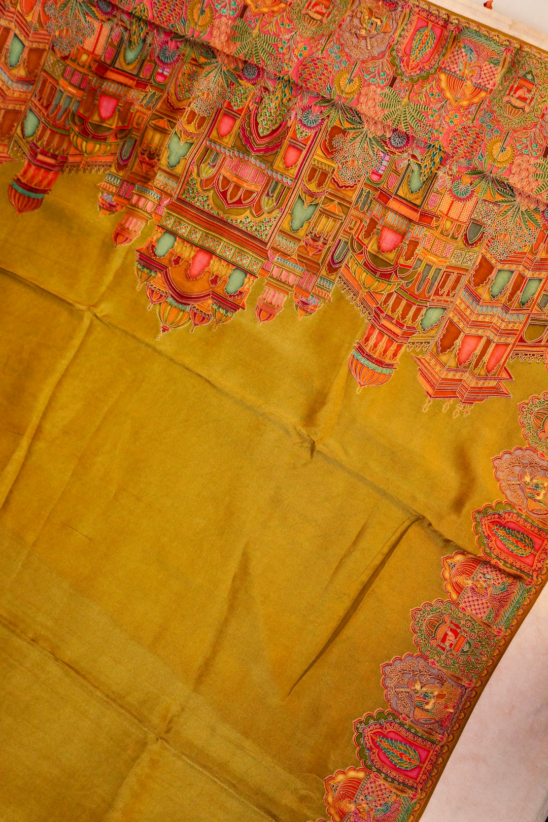 Amber Aura Mustard Crepe Silk Saree with Resham Woven Meenakari Pallu and Border