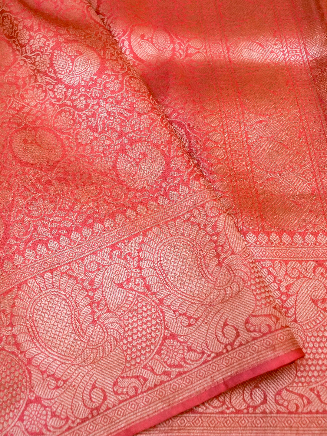 Banarasi Peach Crepe Silk Saree with Zari Weave Bird Motif
