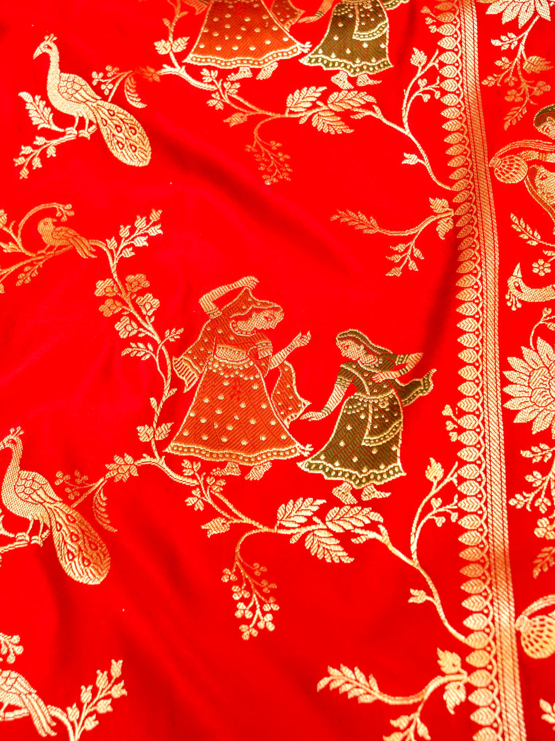 Vermilion Red Banarasi Pure Satin Silk Saree with Heavy Zari Work