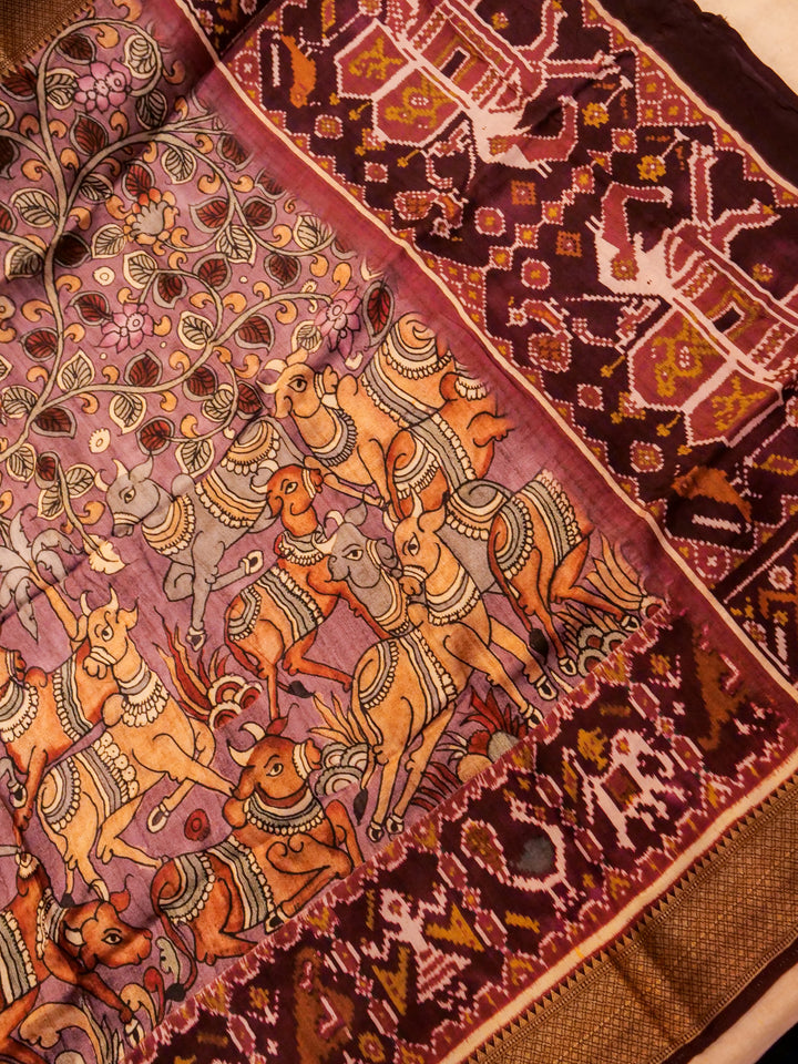 Mauve Crepe Silk Saree with Animal Motif & Floral Print, Zari Border and Pallu