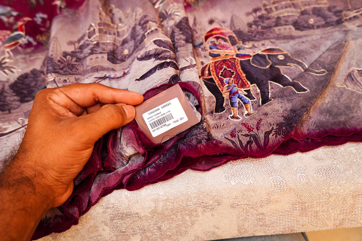 Vibrant Red Printed Crepe Silk Saree Featuring Abstract Figure Design