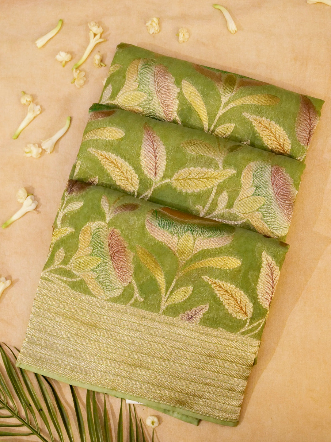 Banarasi Light Green Khaddi Georgette Saree with Handbrush Meena