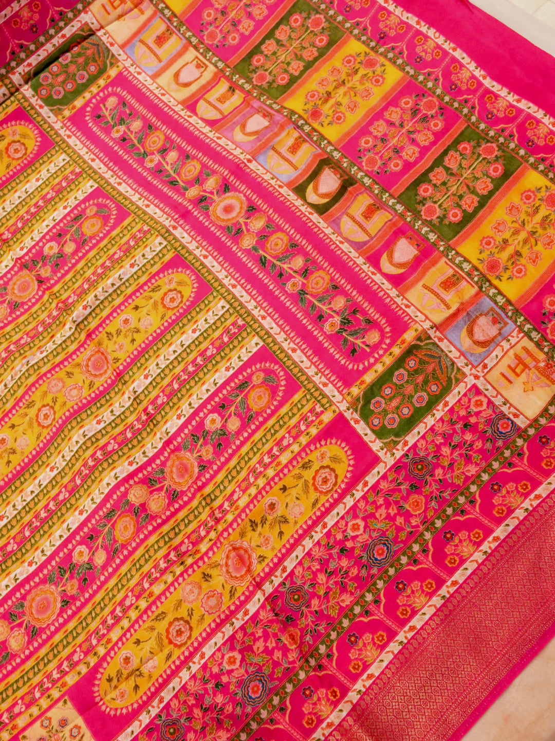 Pink Crepe Silk Saree with Multicolor Print, Zari Weave Border and Pallu