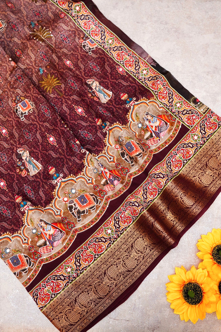 Stylish Coffee Brown Printed Crepe Silk Saree with Abstract Figure Motif – Luxe Ethnic Drape for Women