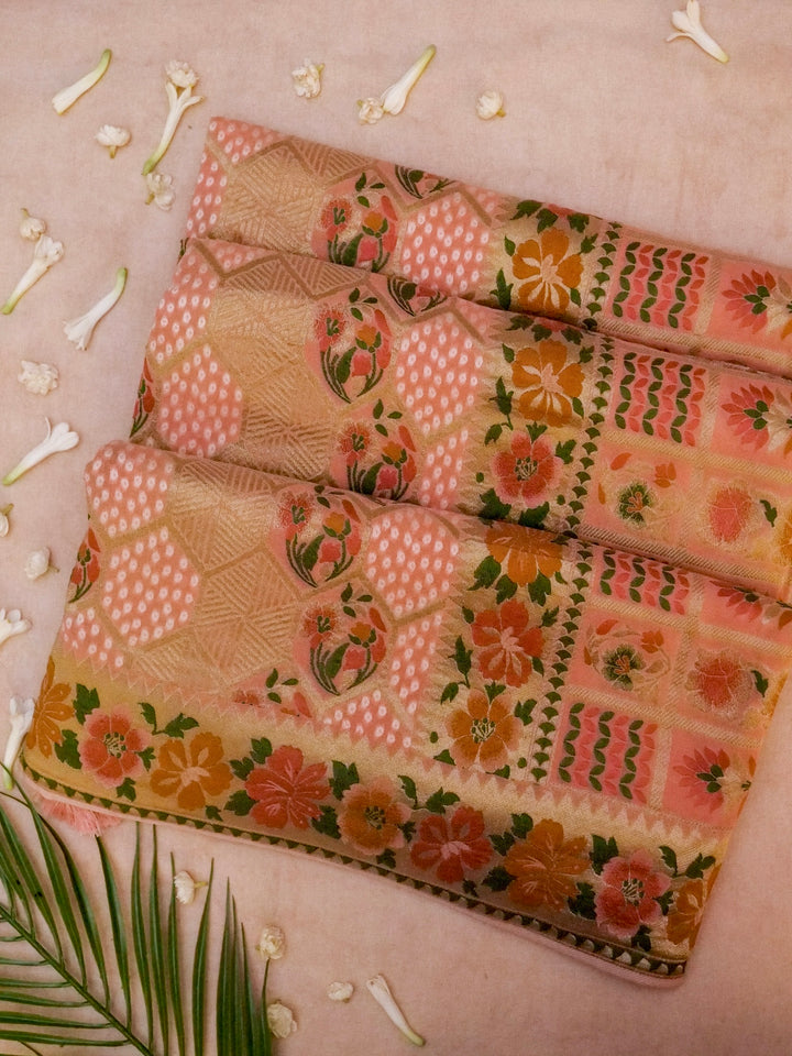 Peachy Keen Peach Khaddi Georgette Saree with Resham Weave Meenakari Jaal Design