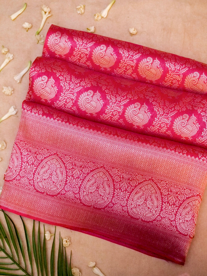Banarasi Pink Bridal Crepe Silk Saree with Zari Weave Bird Motif