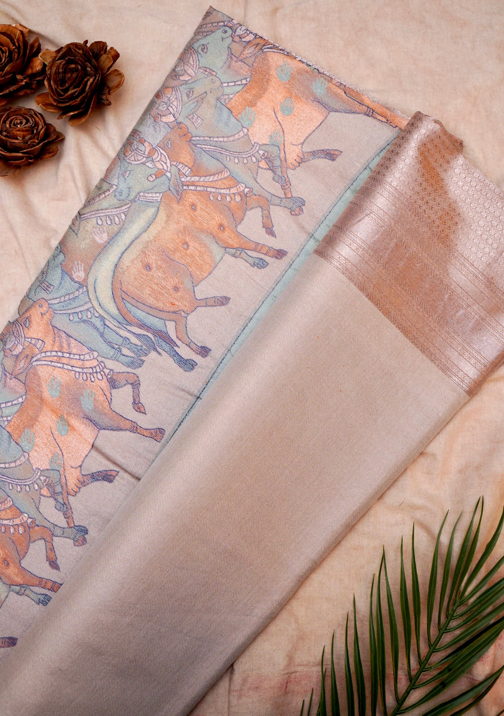 Banarasi Katan Silk Silver and Gold Cluster Roses Ivory Saree