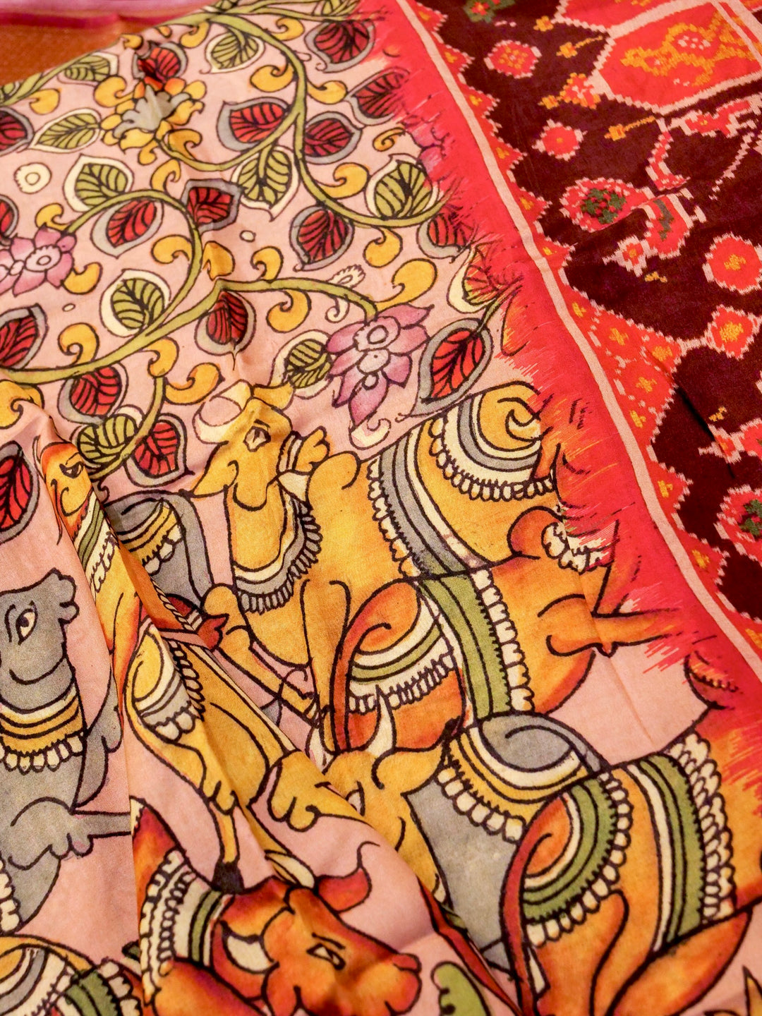 Pink Crepe Silk Saree with Animal Motif and Floral Print, Zari Border & Pallu