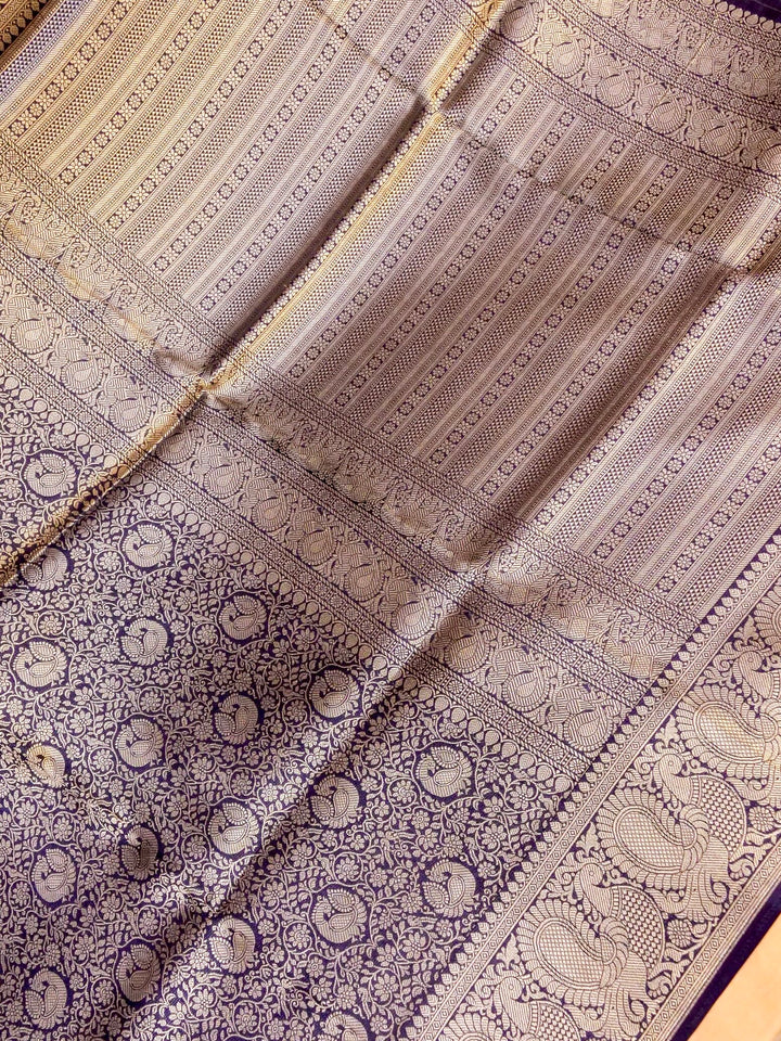 Banarasi Navy Blue Crepe Silk Saree with Zari Weave Bird Motif