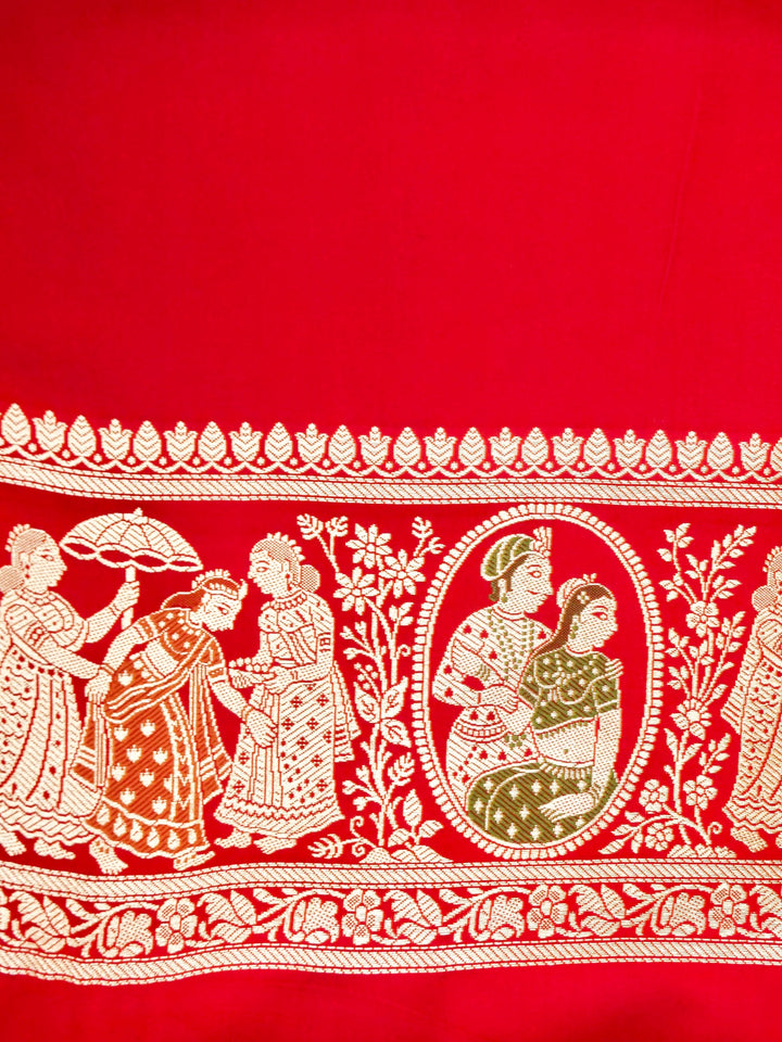 Scarlet Red Banarasi Pure Satin Silk Saree with Heavy Zari Work