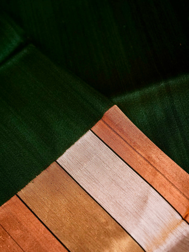 Pure Handloom Banarasi Dark Green Katan Silk Saree with Contemporary Pallu & Border