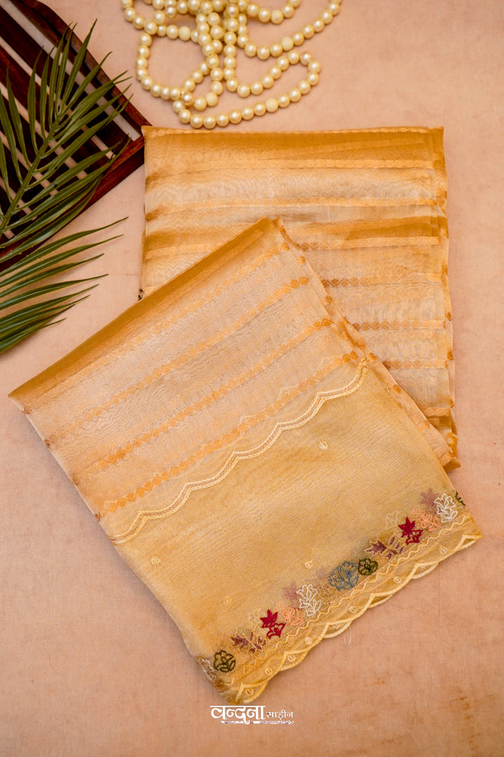 Majestic Gold Golden Tissue Silk Saree with Strip and Embroidery Work