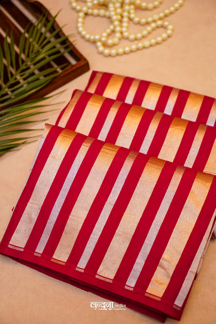 Banarasi Pure Katan Silk Sonaroopa Red Striped Saree