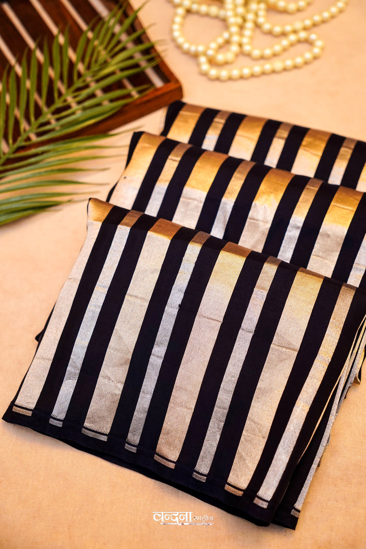 Banarasi Pure Katan Silk Sonaroopa Black Striped Saree