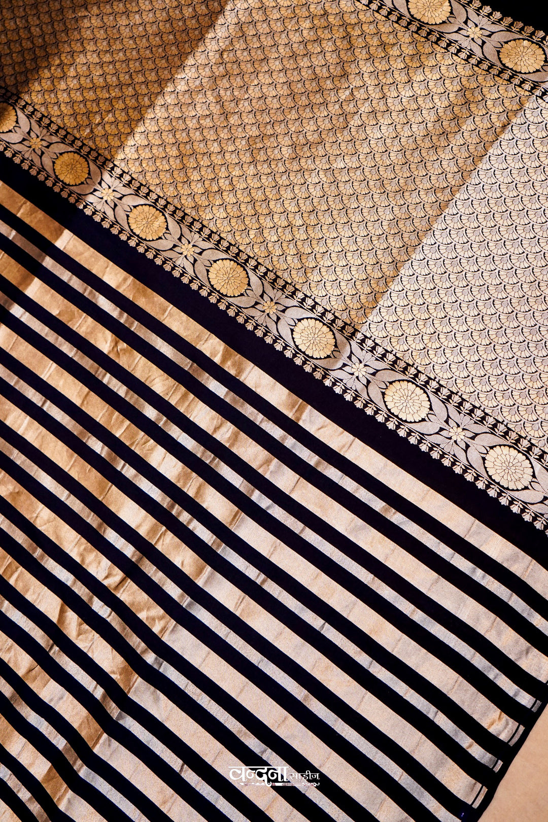 Banarasi Pure Katan Silk Sonaroopa Black Striped Saree