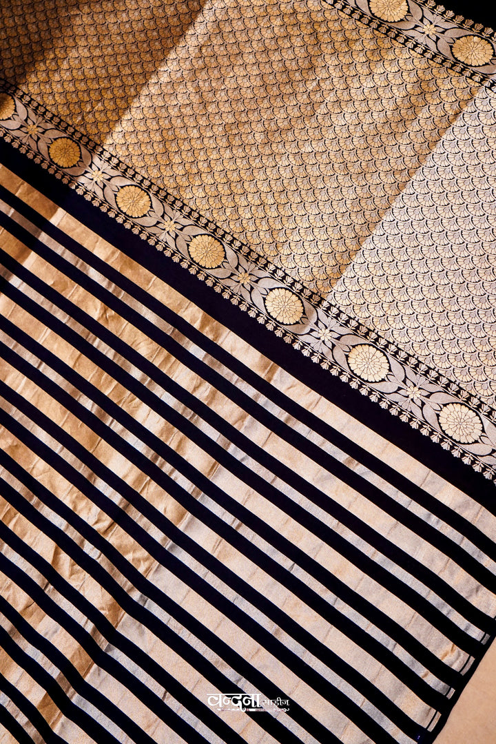 Banarasi Pure Katan Silk Sonaroopa Black Striped Saree