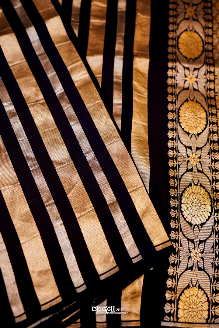 Banarasi Pure Katan Silk Sonaroopa Black Striped Saree