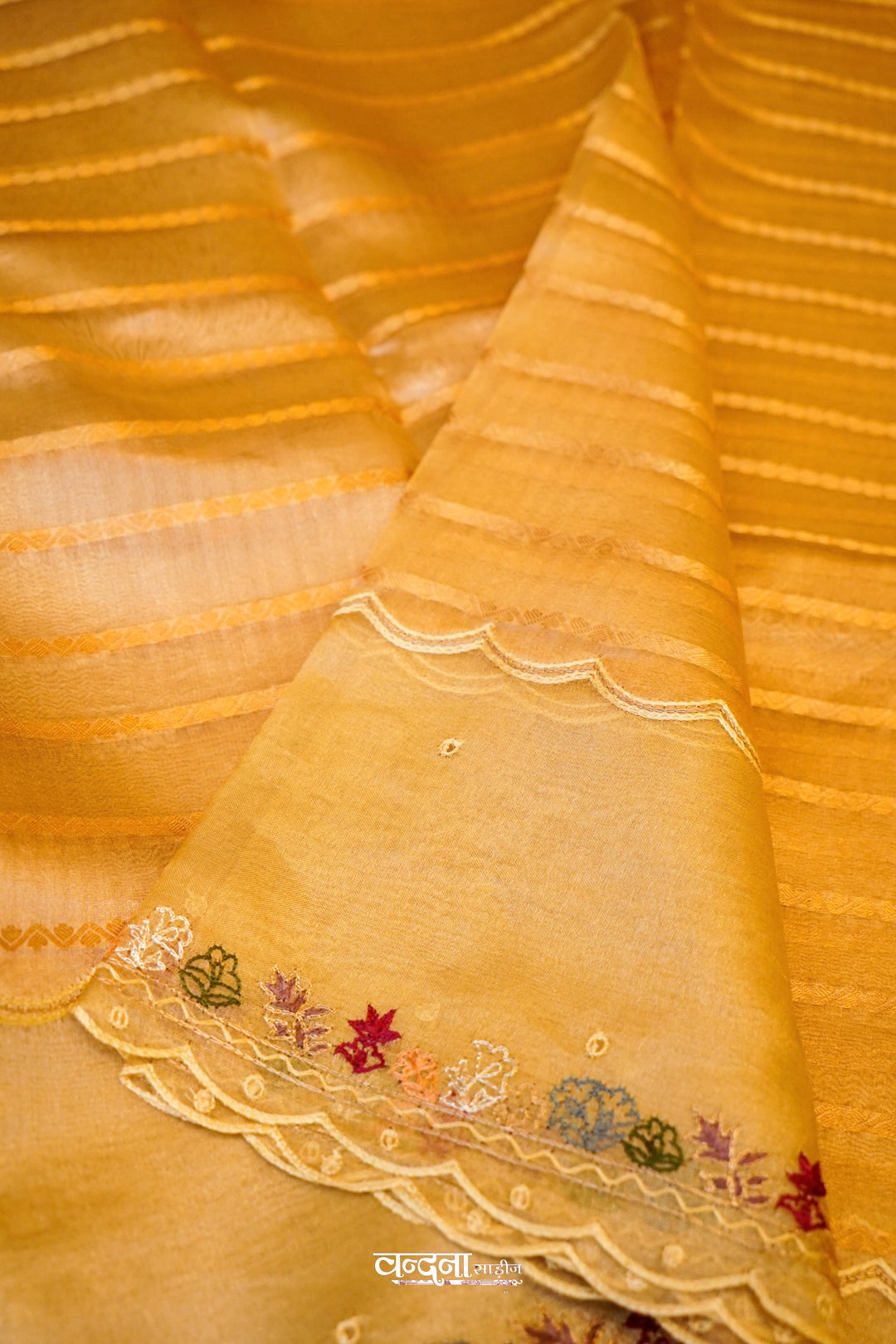 Majestic Gold Golden Tissue Silk Saree with Strip and Embroidery Work