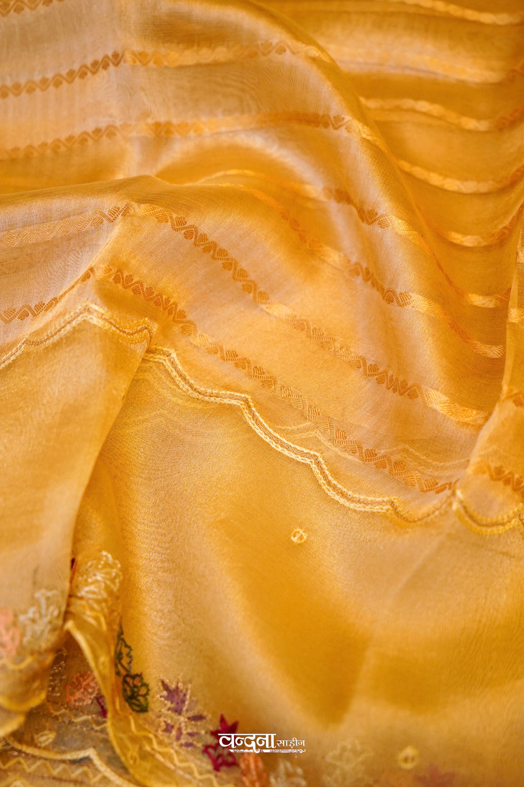 Majestic Gold Golden Tissue Silk Saree with Strip and Embroidery Work