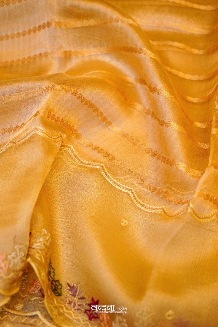 Majestic Gold Golden Tissue Silk Saree with Strip and Embroidery Work