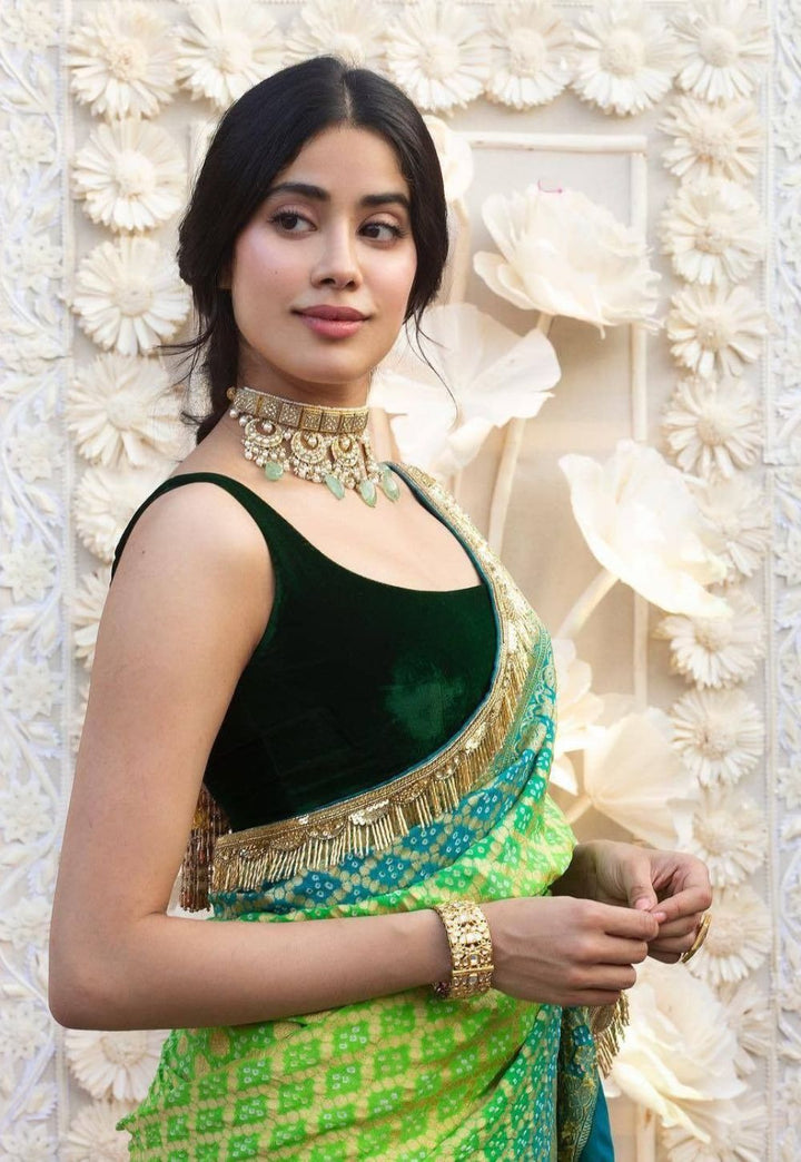 Fresh Elegance Light Green Khaddi Georgette Bandhej Saree with Sky Blue Border