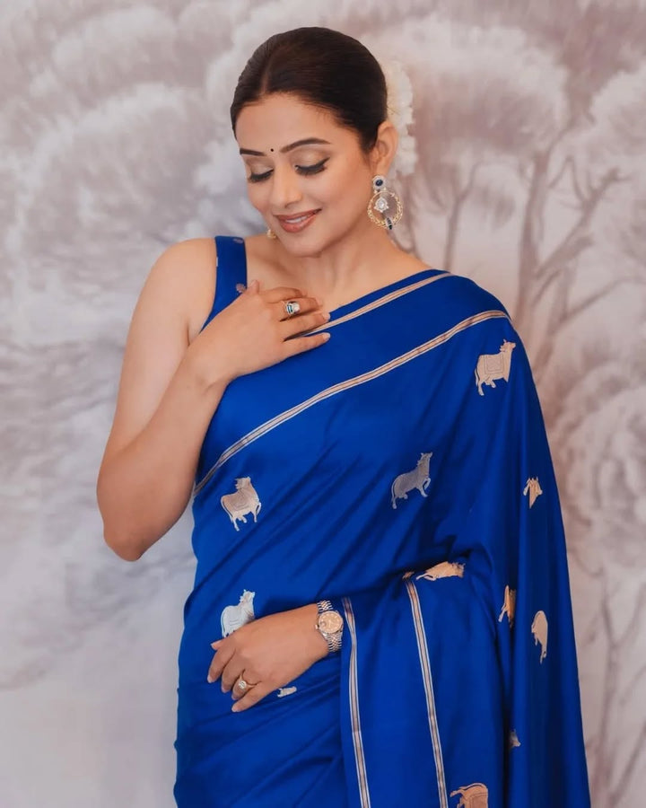 Priya Mani Inpired Royal Blue Handwoven Banarasi Pure Puna Silk Saree with Zari Nandi Motif