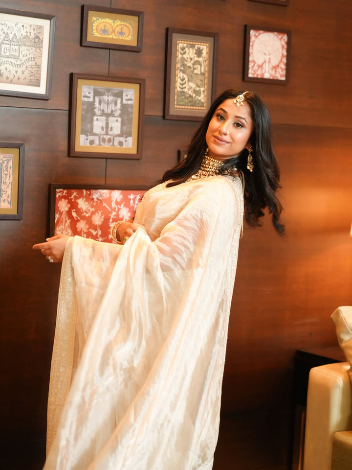 Beige Gold Pure Katan Tissue Saree with Pitta Zari &amp; Sequin Border and Heavy Embroidered Georgette Blouse