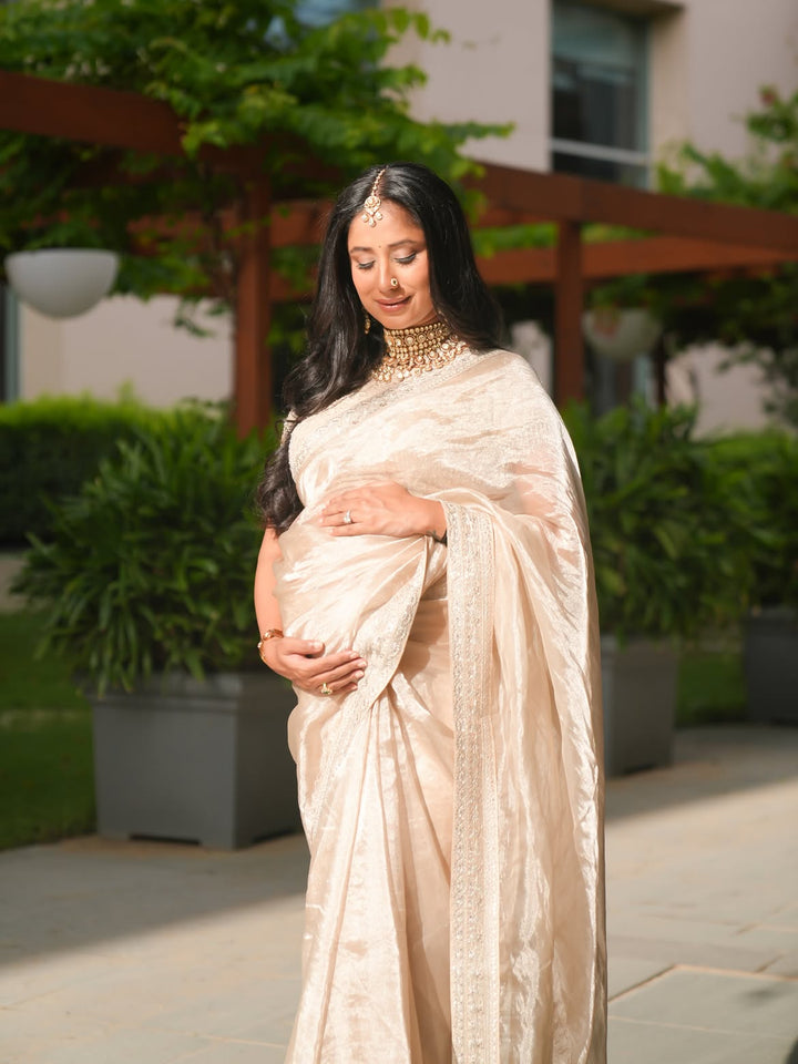 Beige Gold Pure Katan Tissue Saree with Pitta Zari &amp; Sequin Border and Heavy Embroidered Georgette Blouse