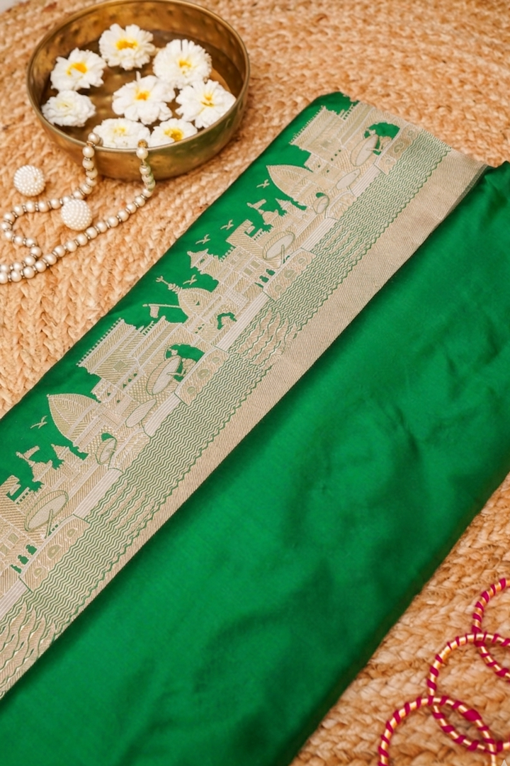 Pure Banarasi Green Katan Silk Handloom Kadwa Ghat Saree