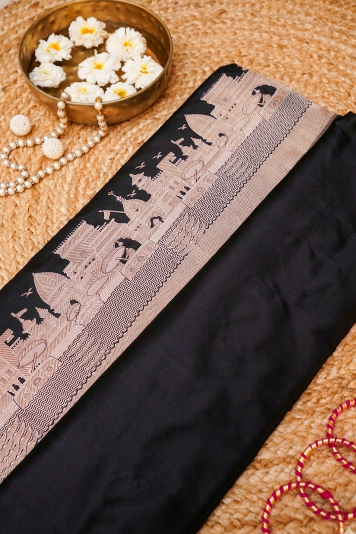Pure Banarasi Black Katan Silk Handloom Kadwa Ghat Saree