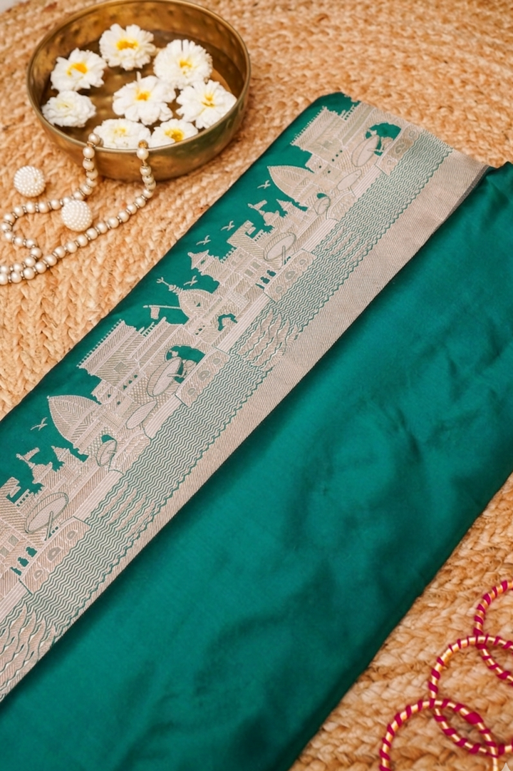 Pure Banarasi Rama Green Katan Silk Handloom Kadwa Ghat Saree