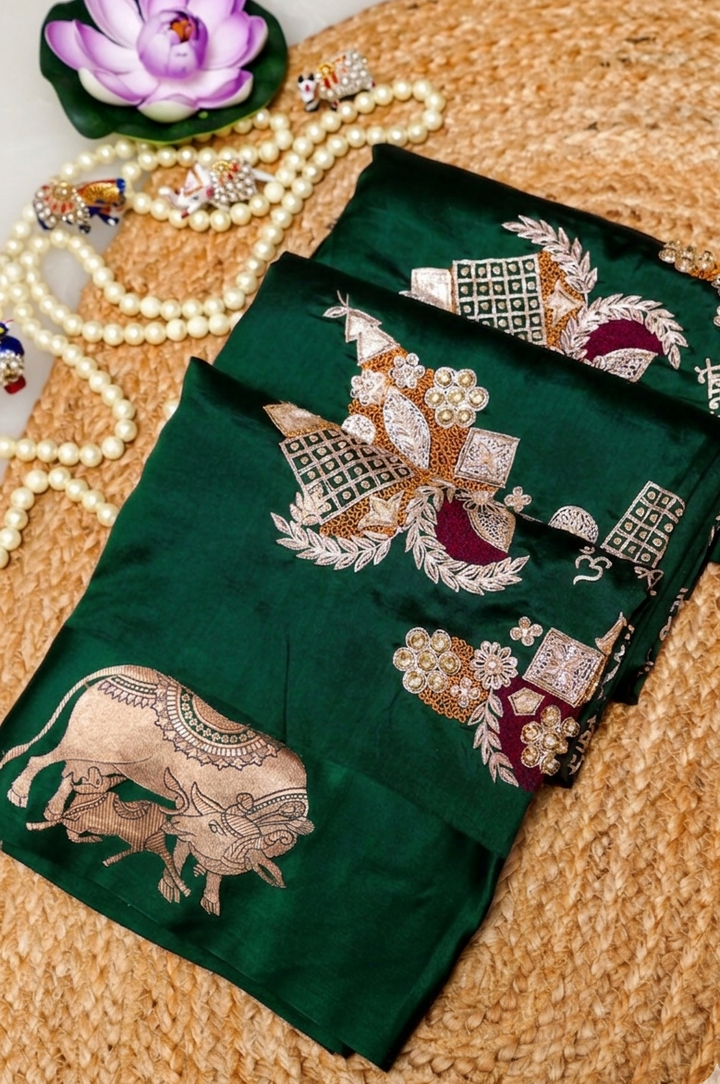 Handwoven Banarasi Bottle Green Pure Katan Silk Saree with Kamdhenu Motif Border