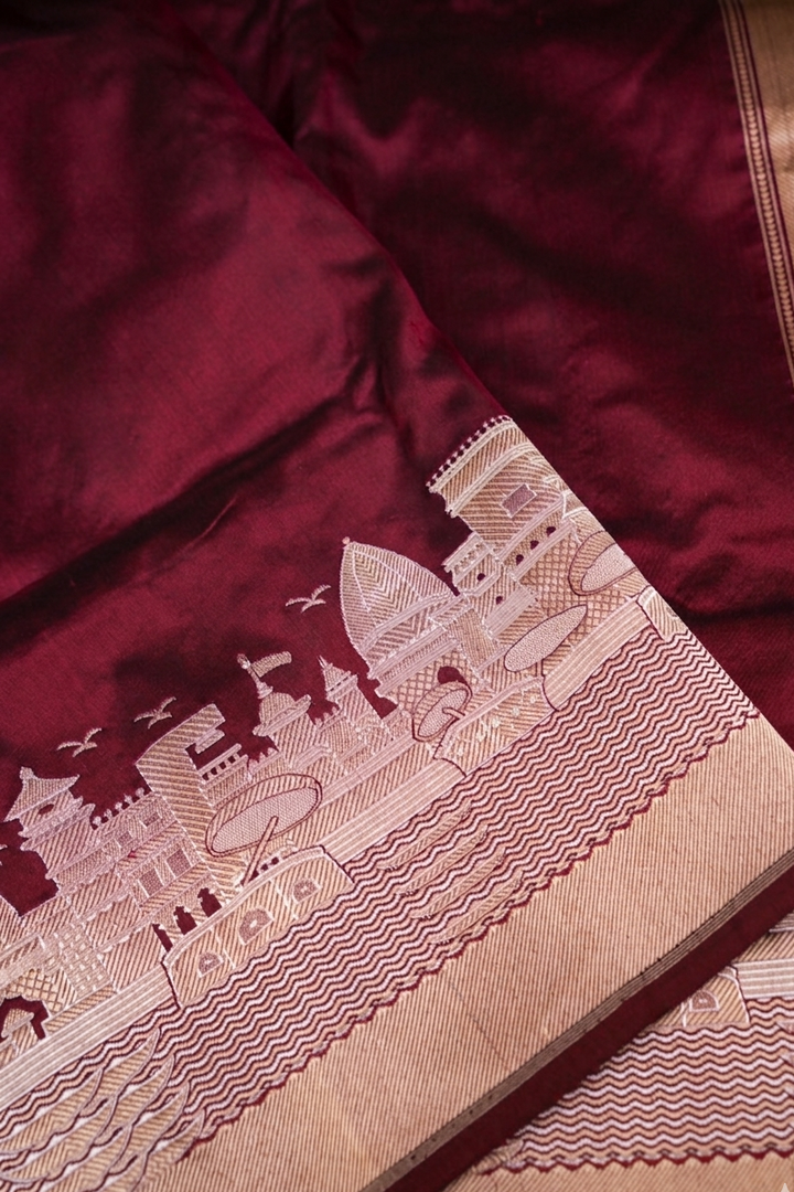 Pure Banarasi Maroon Katan Silk Handloom Ghat Saree