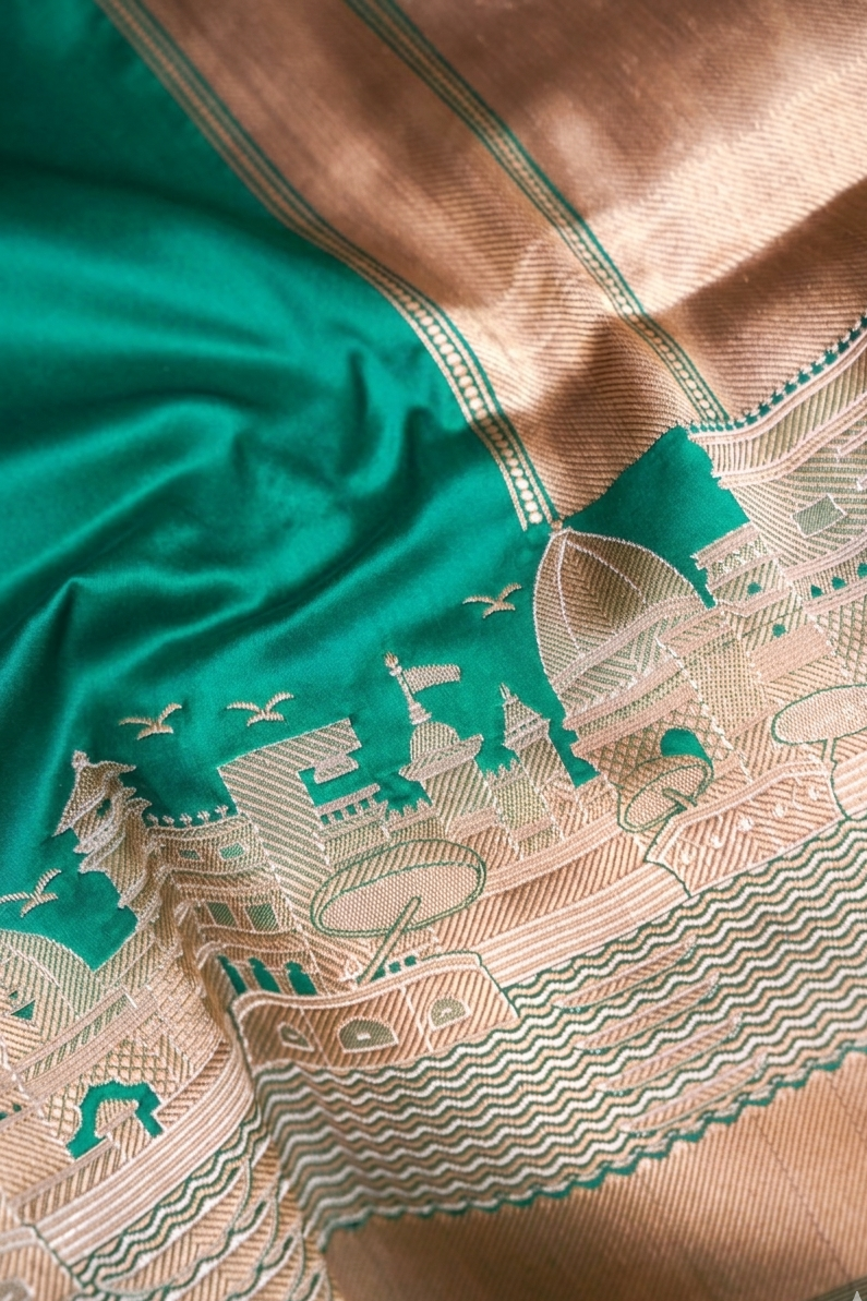 Pure Banarasi Rama Green Katan Silk Handloom Kadwa Ghat Saree