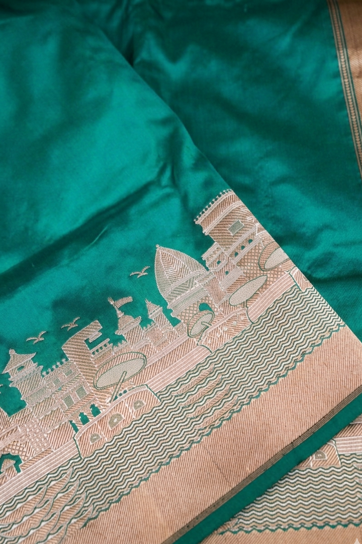 Pure Banarasi Rama Green Katan Silk Handloom Kadwa Ghat Saree