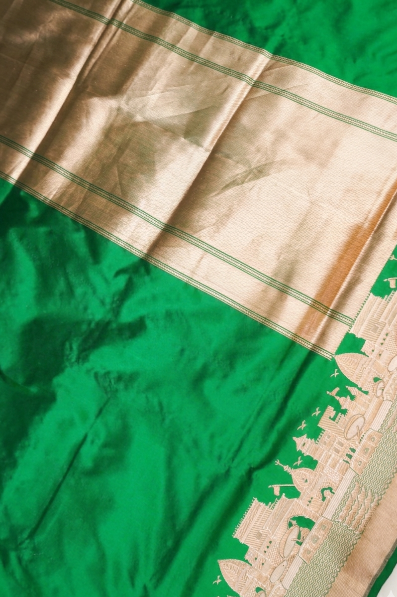 Pure Banarasi Green Katan Silk Handloom Kadwa Ghat Saree