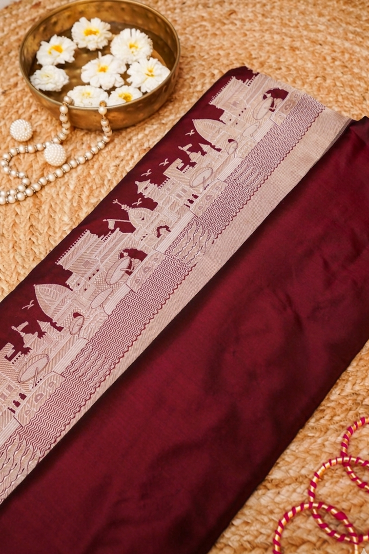 Pure Banarasi Maroon Katan Silk Handloom Ghat Saree