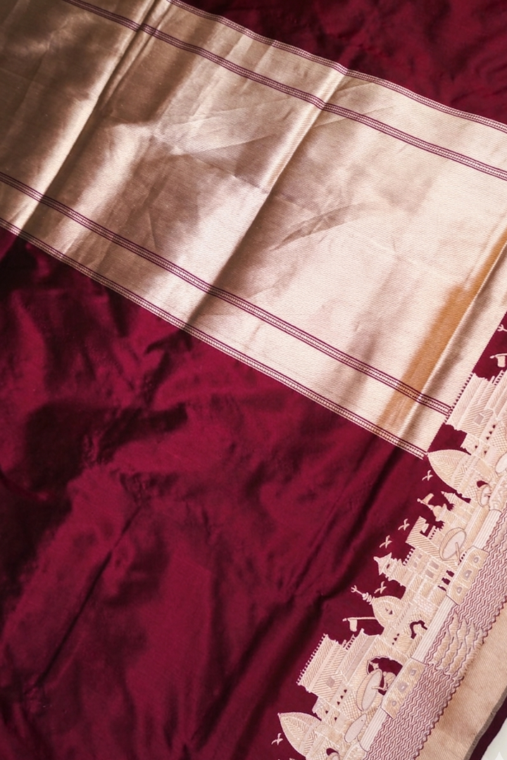 Pure Banarasi Maroon Katan Silk Handloom Ghat Saree