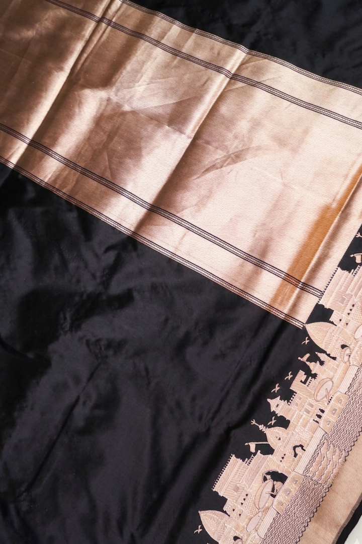 Pure Banarasi Black Katan Silk Handloom Kadwa Ghat Saree