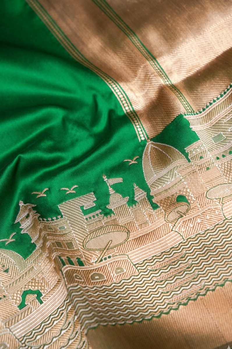 Pure Banarasi Green Katan Silk Handloom Kadwa Ghat Saree