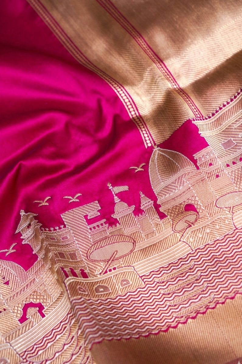 Pure Banarasi Fuchsia Pink Katan Silk Handloom Kadwa Ghat Saree