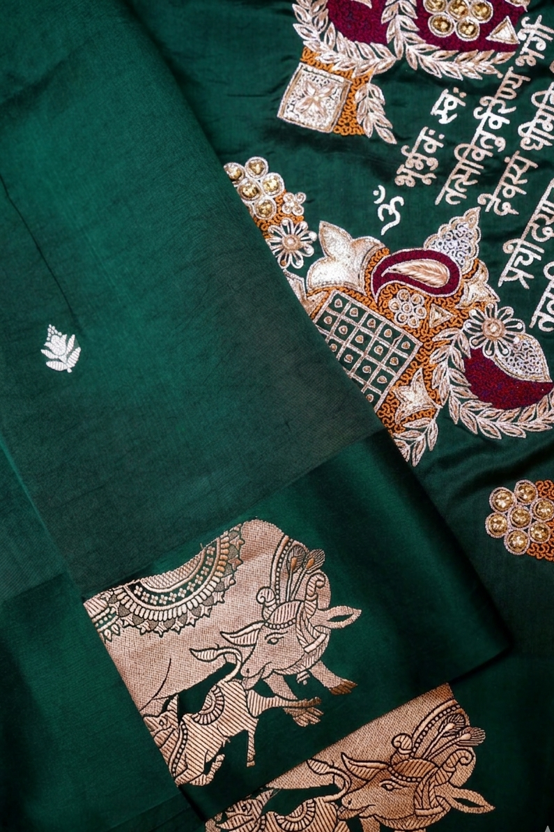 Handwoven Banarasi Bottle Green Pure Katan Silk Saree with Kamdhenu Motif Border